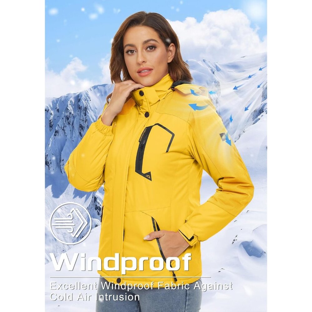 Women's Yellow Windbreaker Waterproof Ski Snow Fleece Hood Jacket Coat Winter - Picture 2 of 7